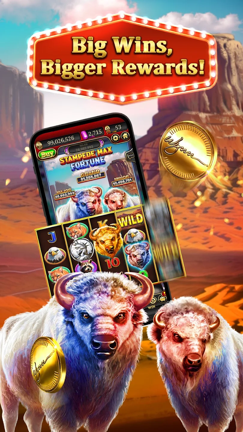 Store artwork showing a phone with a bison slot machine, two bison in front, and gold coins.