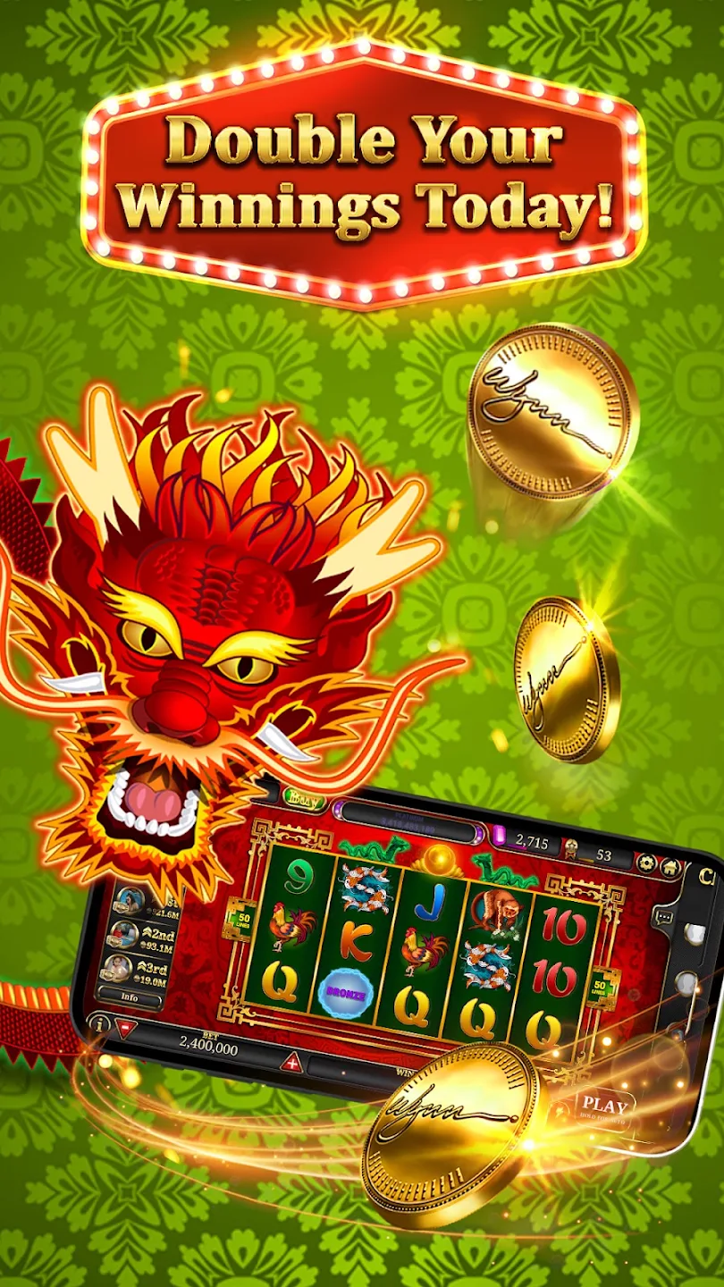 Store artwork showing a phone with a red dragon and a reel game on a green field, with gold coins.